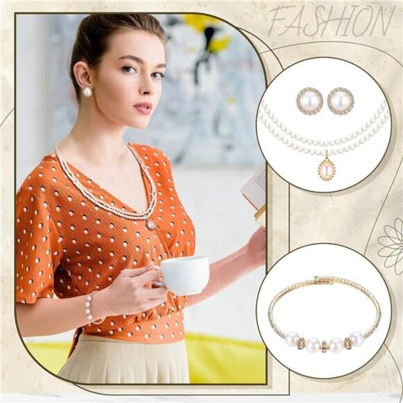 Gold Pearl Rhinestone Jewelry Set for Women Pearl Necklace Bracelet Earrings - Picture 5 of 7